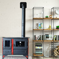 S105K Sabah Luxe Open Haard Kachel + Oven Met Thermometer - Gietijzer – Houtkachels- Houthaarden -Mat Zwart – 12,65 KW- Buiten Stalen Open Haard – Inclusief Kachelpijpen ,Bakplaat, Ovengrill, Haak en Schraper