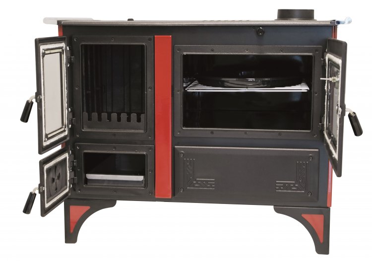 S105K Sabah Luxe Open Haard Kachel + Oven Met Thermometer - Gietijzer – Houtkachels- Houthaarden -Mat Zwart – 12,65 KW- Buiten Stalen Open Haard – Inclusief Kachelpijpen ,Bakplaat, Ovengrill, Haak en Schraper